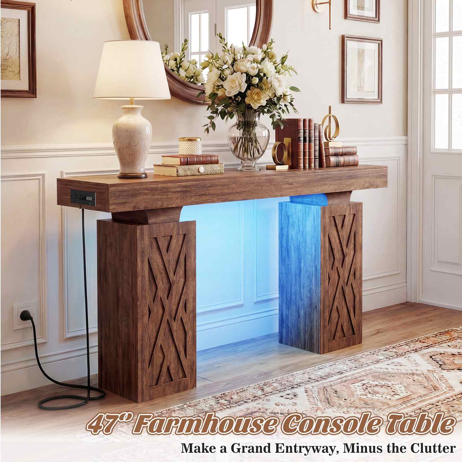47.2'' Farmhouse Console Table with Charging Station and LED Lights