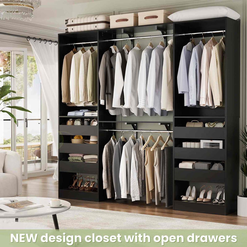 80" Tall x 60" Wide Closet System with 3 Half-Open Wooden Drawers,  2 Hanging Rods and Big Wing Shelf