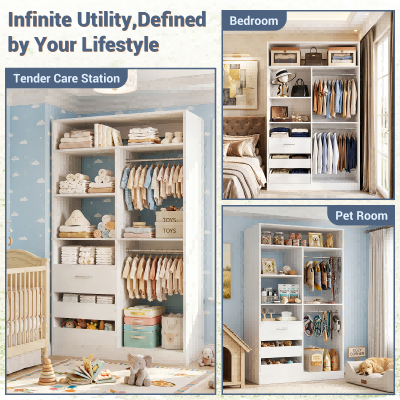 3FT Closet System with 6 Shelves, 2 Hanging Rod, Closed & 2 Half-Open Drawers