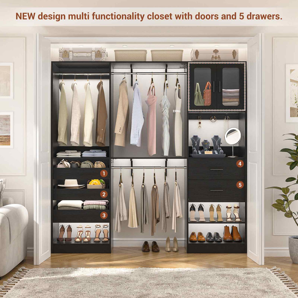 40''-120" Closet System Set 2 with 3 Half-Open Drawers, Shelving Towers, Hanging Rods and 2 Big Wing Shelves