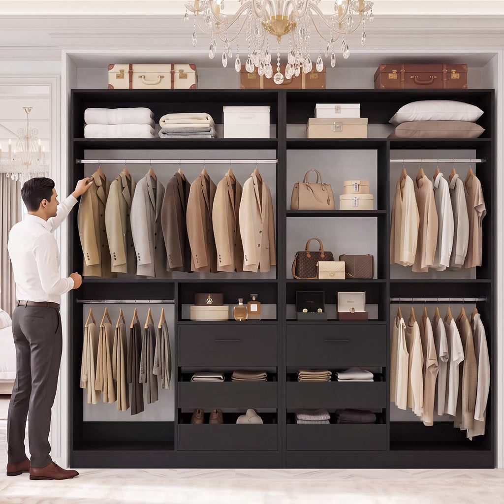 36'' Closet System with Long Hanging Rods, 4 Shelves, Wood Walk-in Closet with Closed & 2 Half-Open Drawers