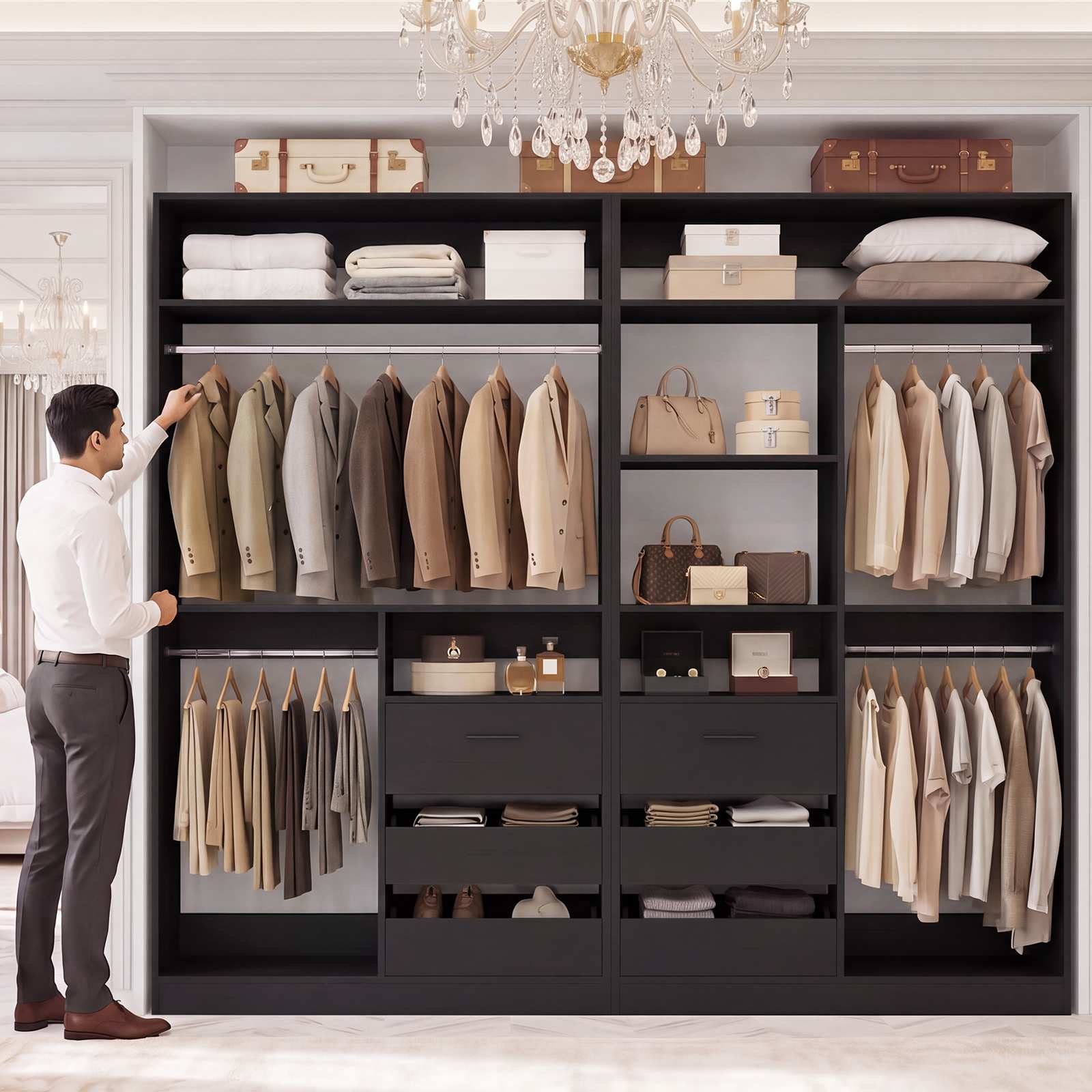 36'' Closet System with Long Hanging Rods, 4 Shelves, Wood Walk-in Closet with Closed & 2 Half-Open Drawers
