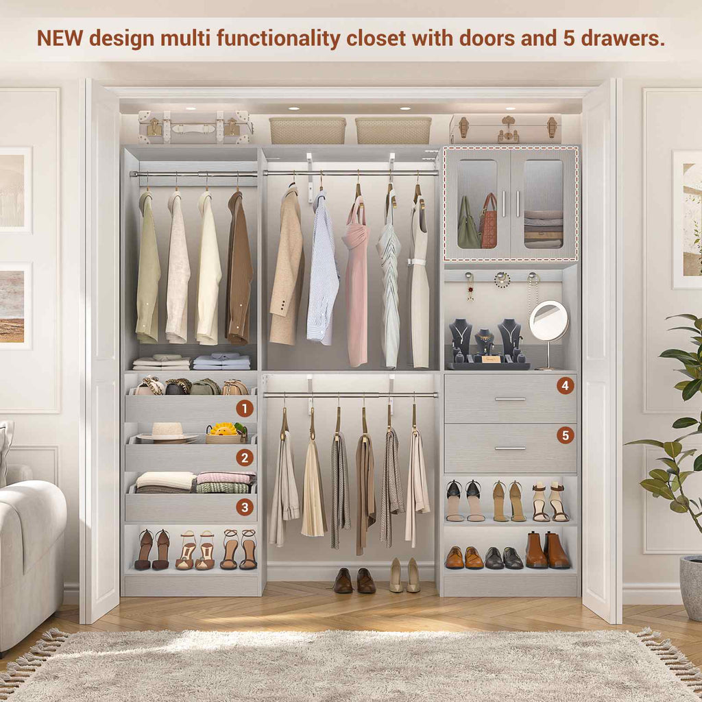 40''-120" Closet System Set 2 with 3 Half-Open Drawers, Shelving Towers, Hanging Rods and 2 Big Wing Shelves