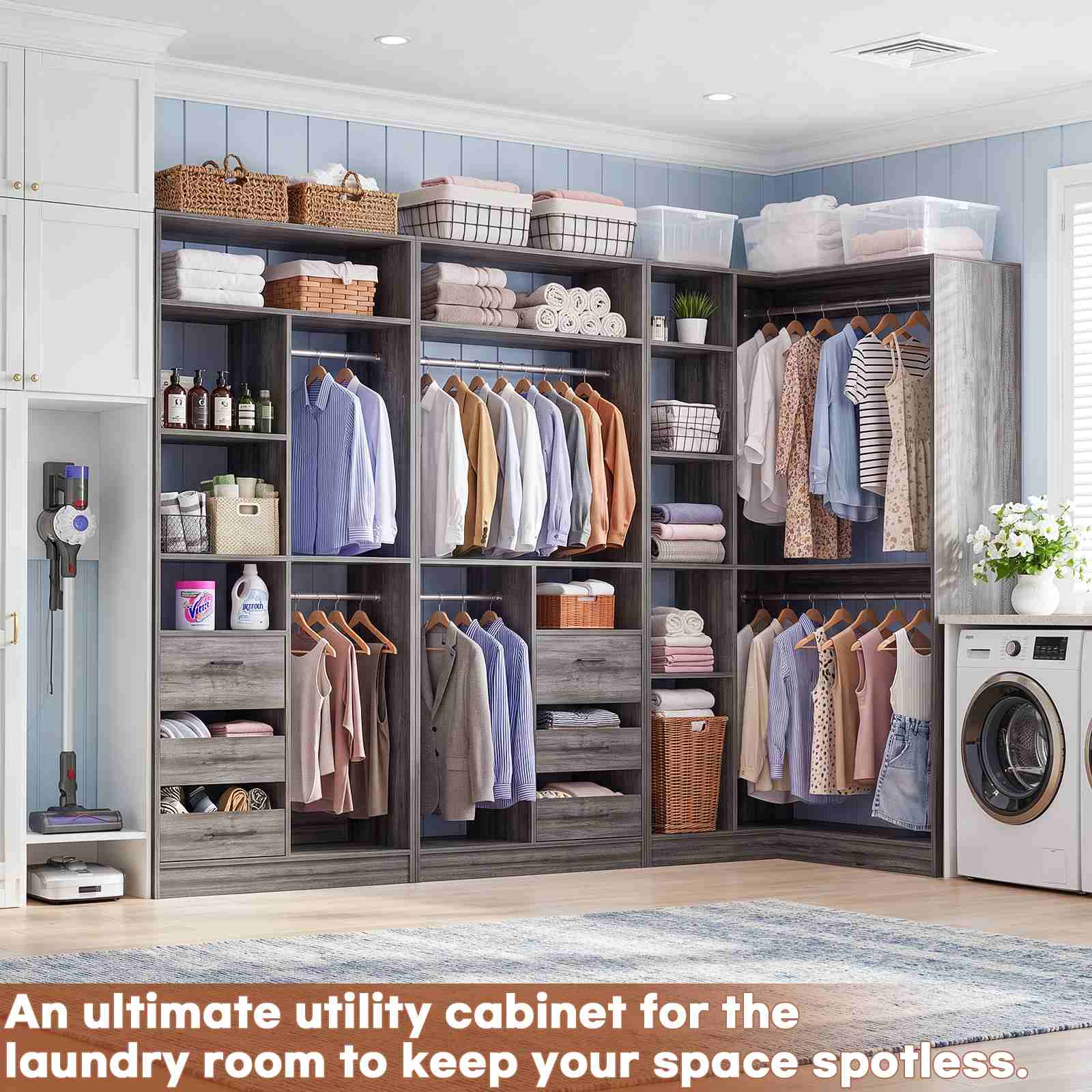 108" L-Shaped Closet System with 6 Drawers, 9FT Corner Closet System with 6 Hanging Rods & Corner Tower
