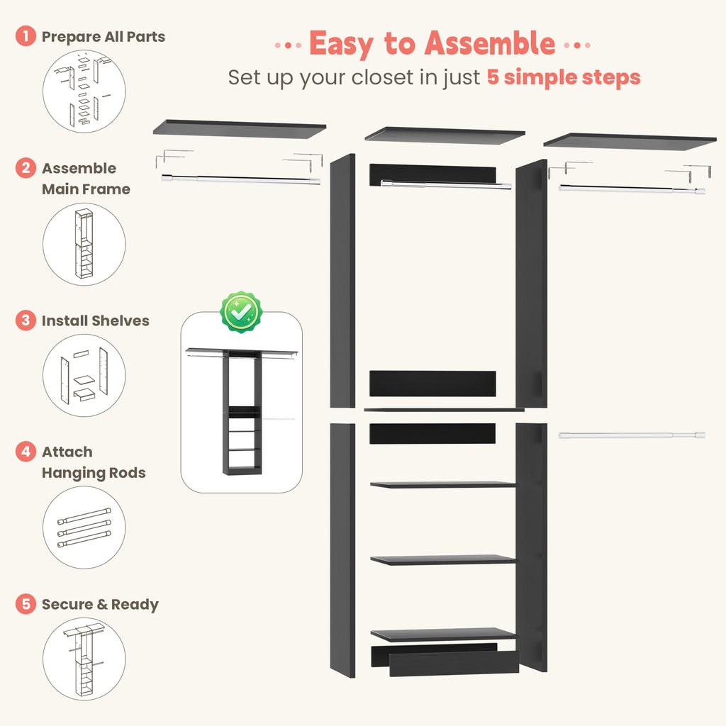 48" Small Closet System, Space-Saving Wall-Mounted Wardrobe Organizer, with 3 Adjustable Hanging Rods & 4 Shelves