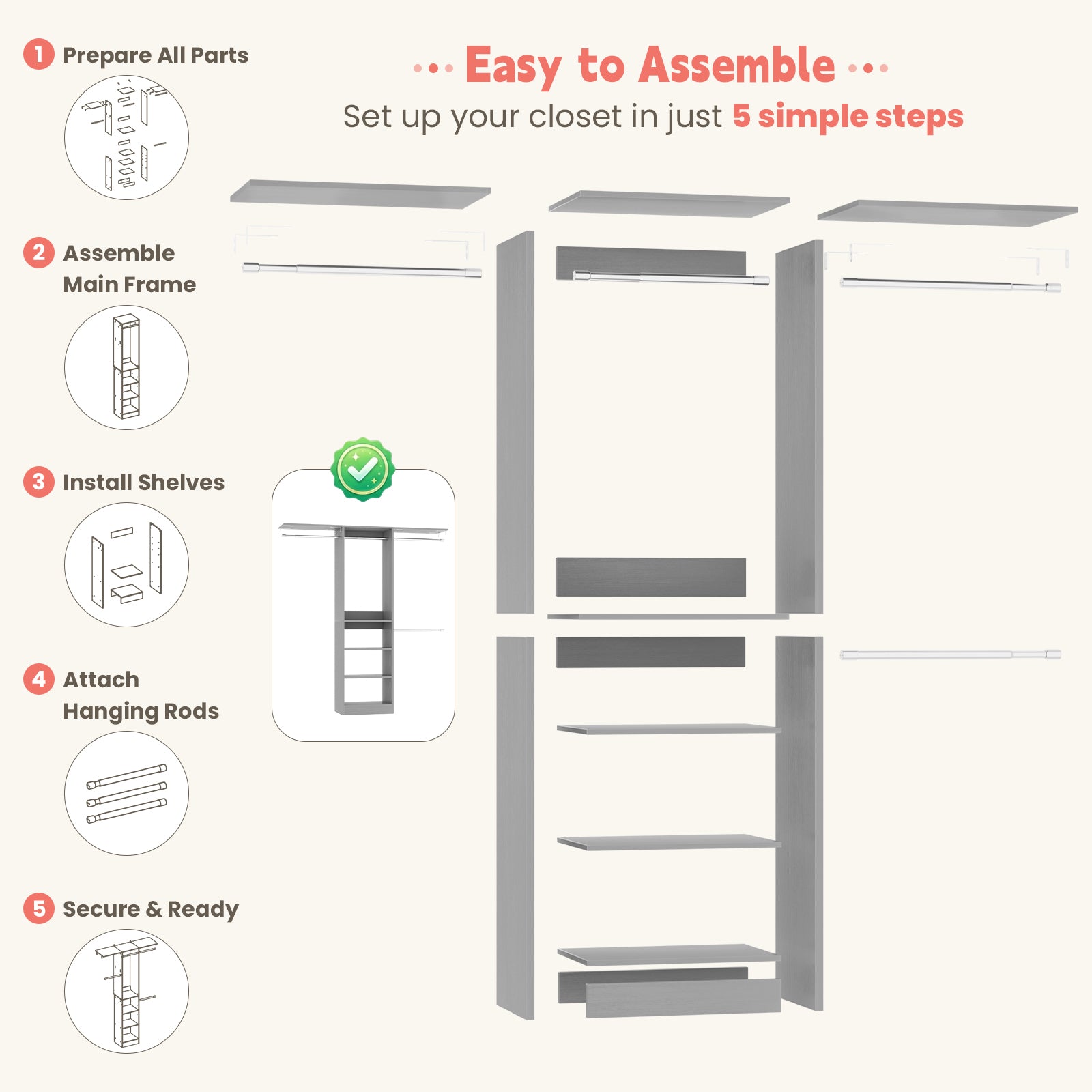 48" Small Closet System, Space-Saving Wall-Mounted Wardrobe Organizer, with 3 Adjustable Hanging Rods & 4 Shelves