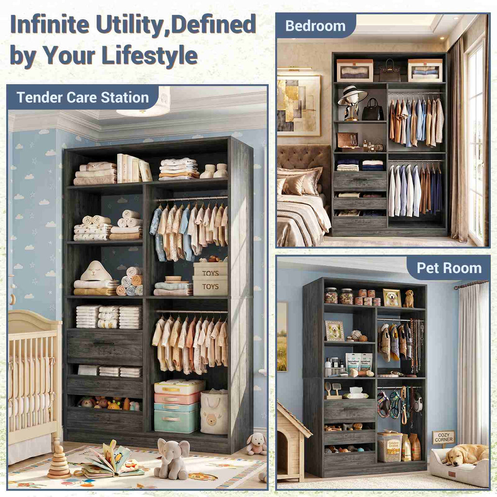 3FT Closet System with 6 Shelves, 2 Hanging Rod, Closed & 2 Half-Open Drawers