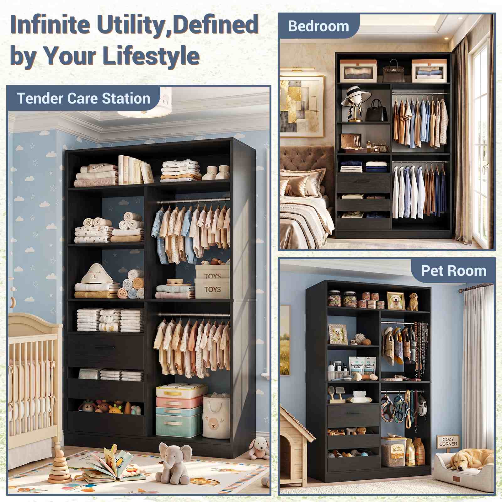 3FT Closet System with 6 Shelves, 2 Hanging Rod, Closed & 2 Half-Open Drawers