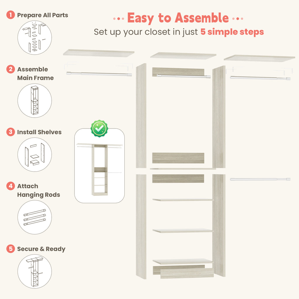 48" Small Closet System, Space-Saving Wall-Mounted Wardrobe Organizer, with 3 Adjustable Hanging Rods & 4 Shelves
