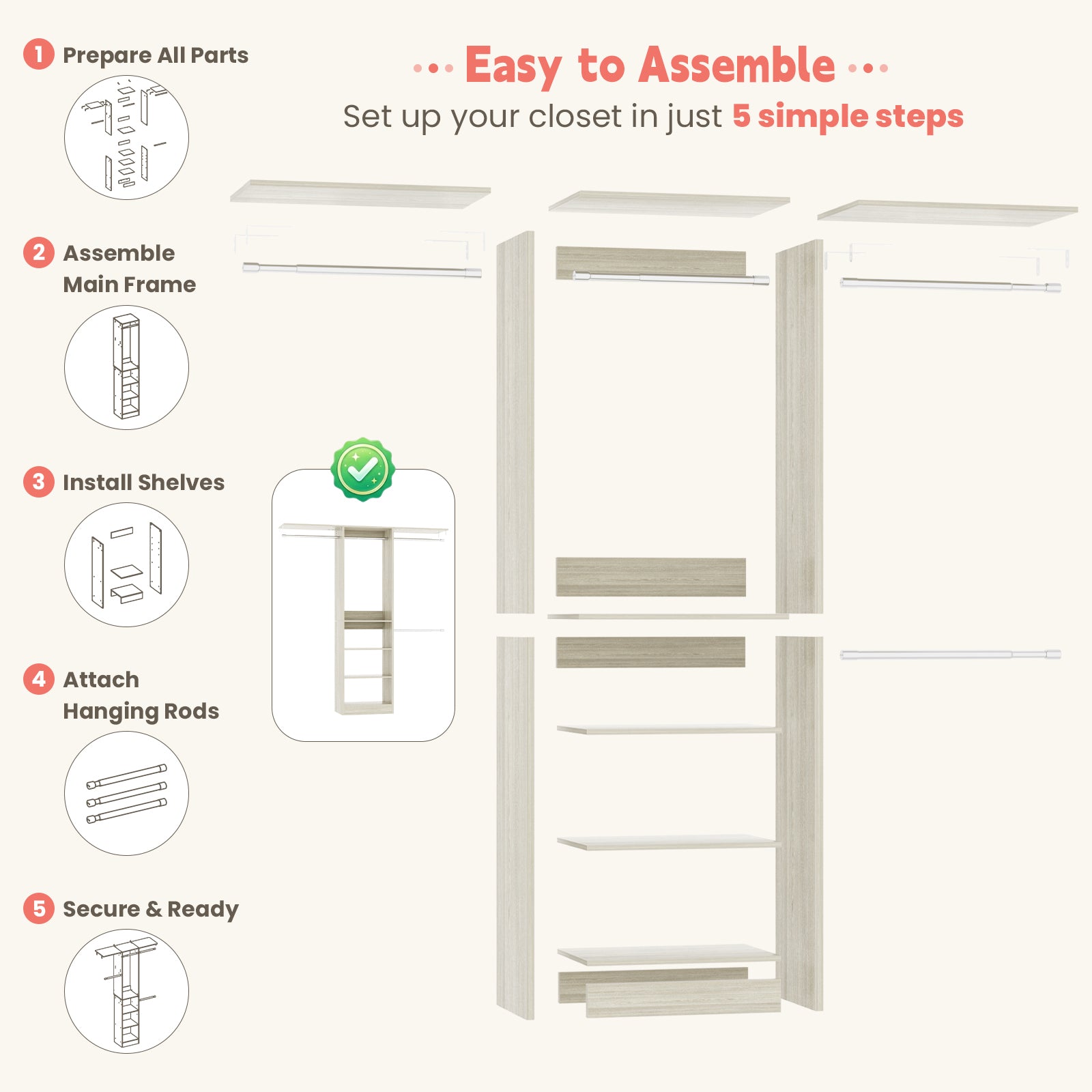 48" Small Closet System, Space-Saving Wall-Mounted Wardrobe Organizer, with 3 Adjustable Hanging Rods & 4 Shelves