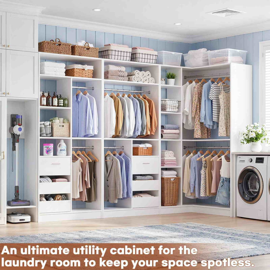 108" L-Shaped Closet System with 6 Drawers, 9FT Corner Closet System with 6 Hanging Rods & Corner Tower