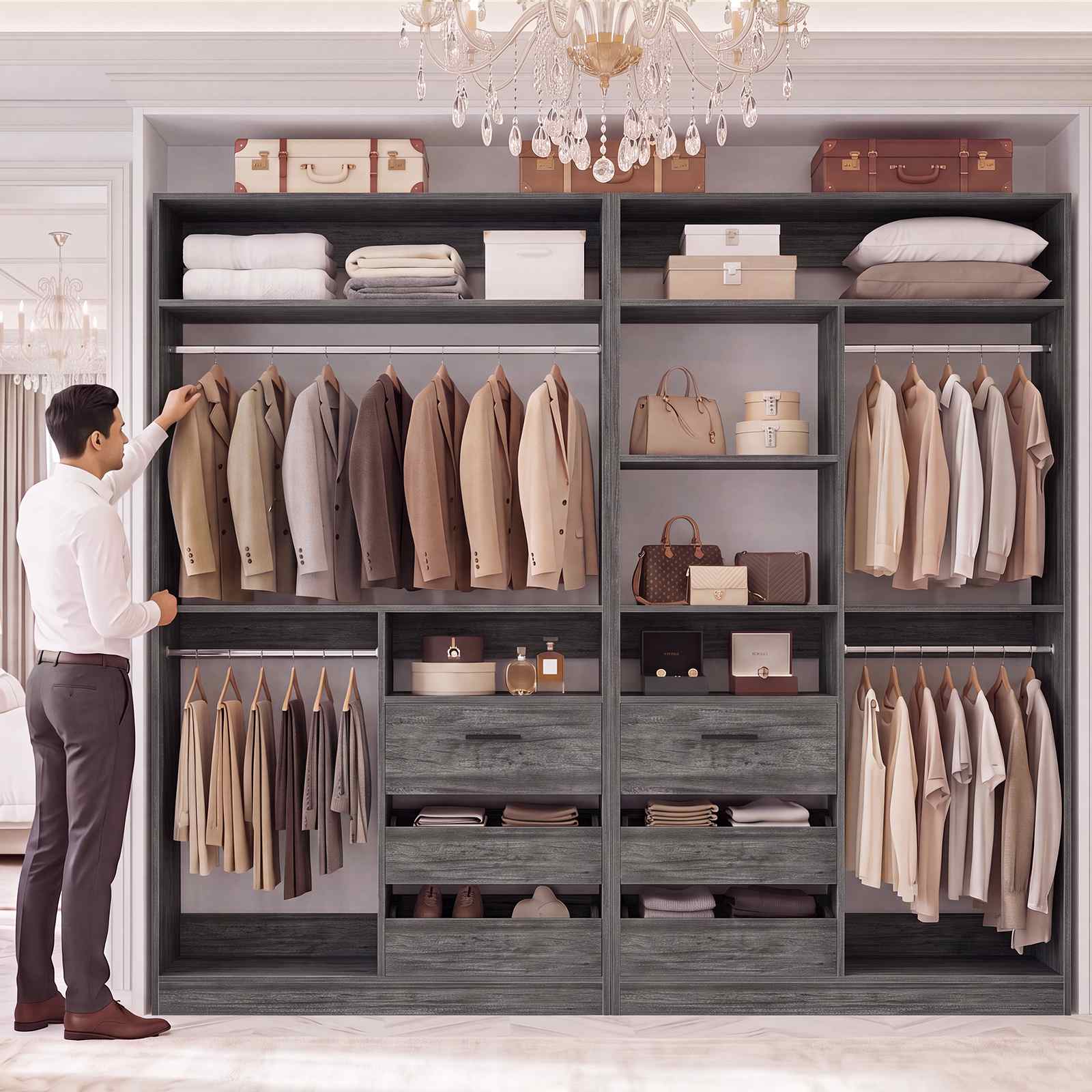36'' Closet System with Long Hanging Rods, 4 Shelves, Wood Walk-in Closet with Closed & 2 Half-Open Drawers