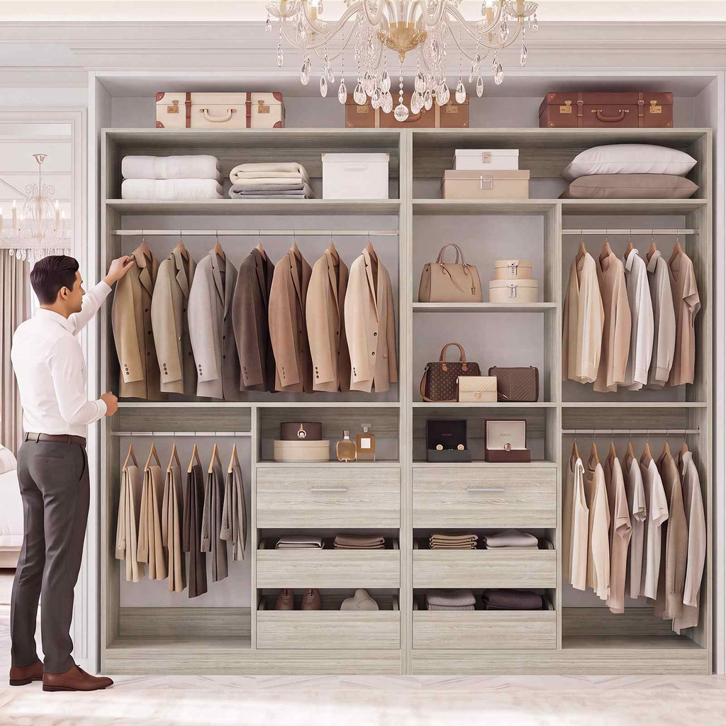 36'' Closet System with Long Hanging Rods, 4 Shelves, Wood Walk-in Closet with Closed & 2 Half-Open Drawers