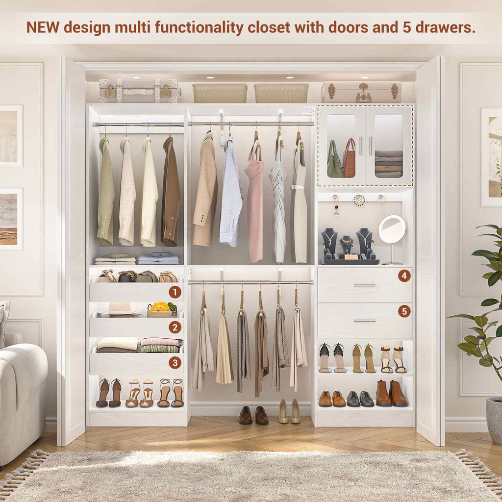 40''-120" Closet System Set 2 with 3 Half-Open Drawers, Shelving Towers, Hanging Rods and 2 Big Wing Shelves