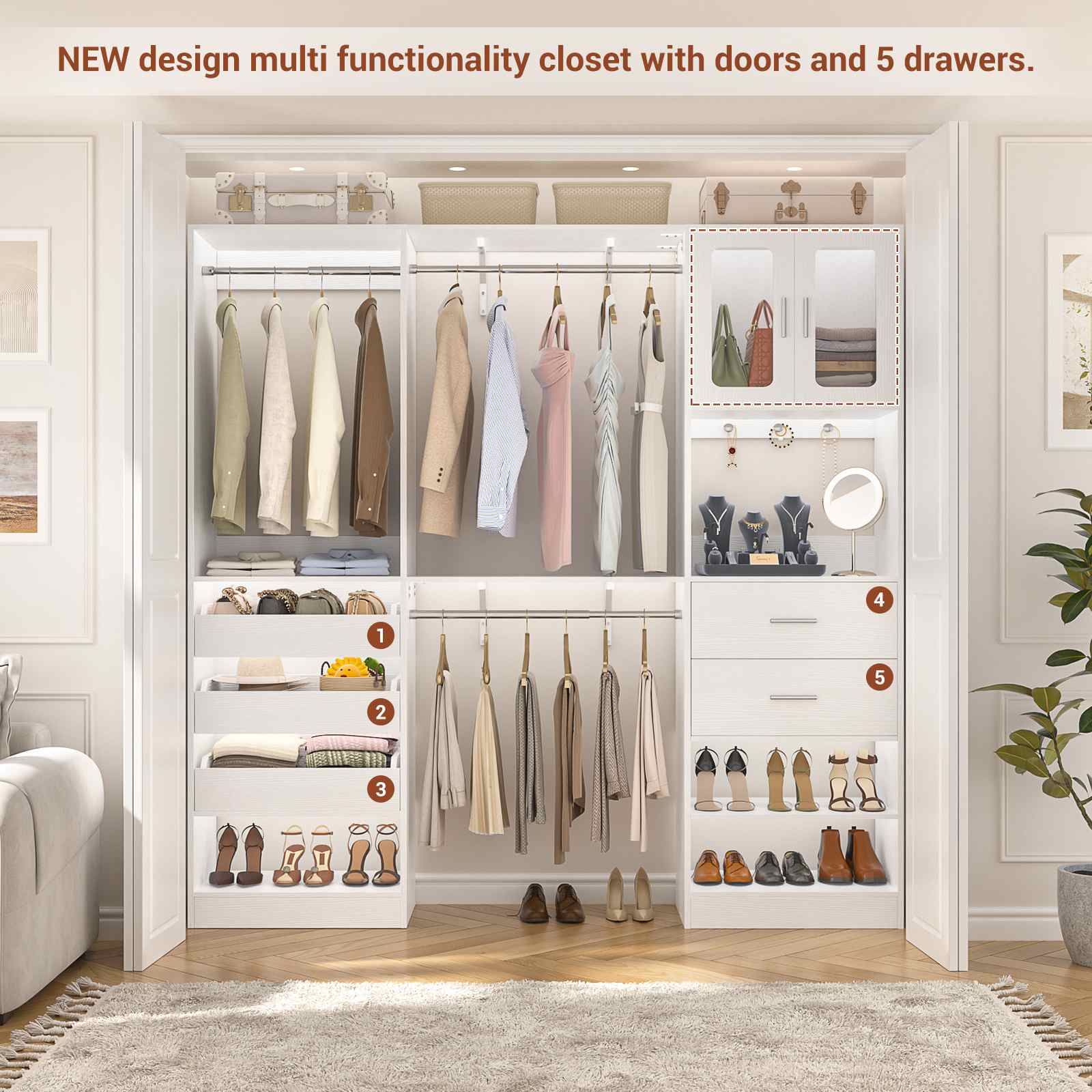 40''-120" Closet System Set 2 with 3 Half-Open Drawers, Shelving Towers, Hanging Rods and 2 Big Wing Shelves