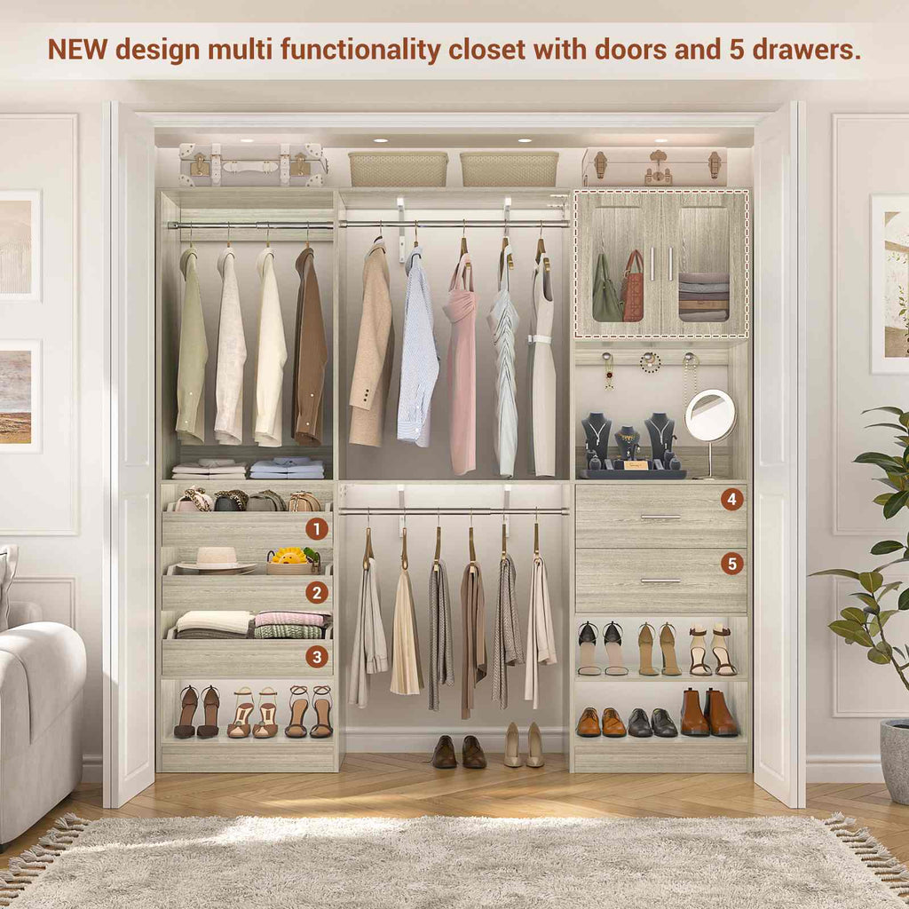 40''-120" Closet System Set 2 with 3 Half-Open Drawers, Shelving Towers, Hanging Rods and 2 Big Wing Shelves