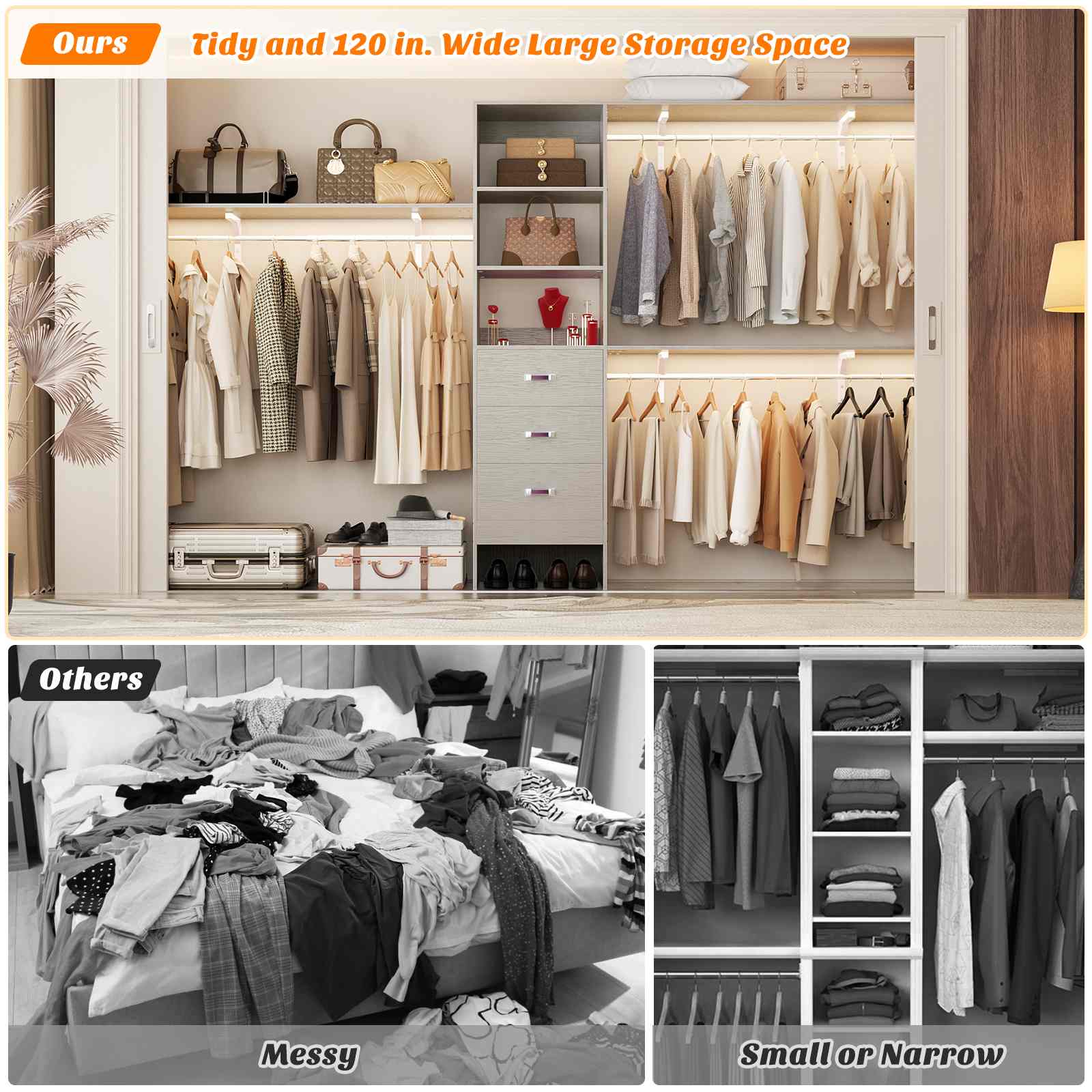 10FT Heavy Duty Closet System with 3 Wooden Drawers, 3 Shelving Towers and Expandable Rods