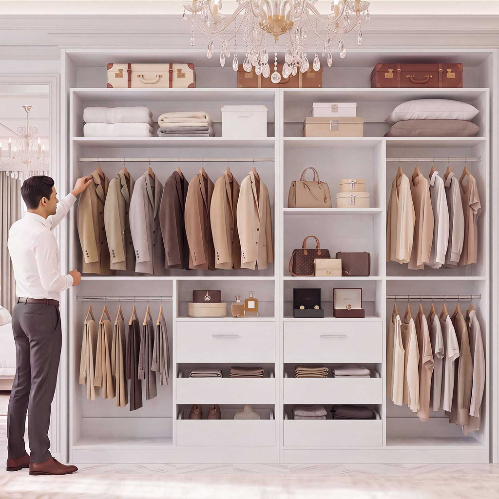 36'' Closet System with Long Hanging Rods, 4 Shelves, Wood Walk-in Closet with Closed & 2 Half-Open Drawers