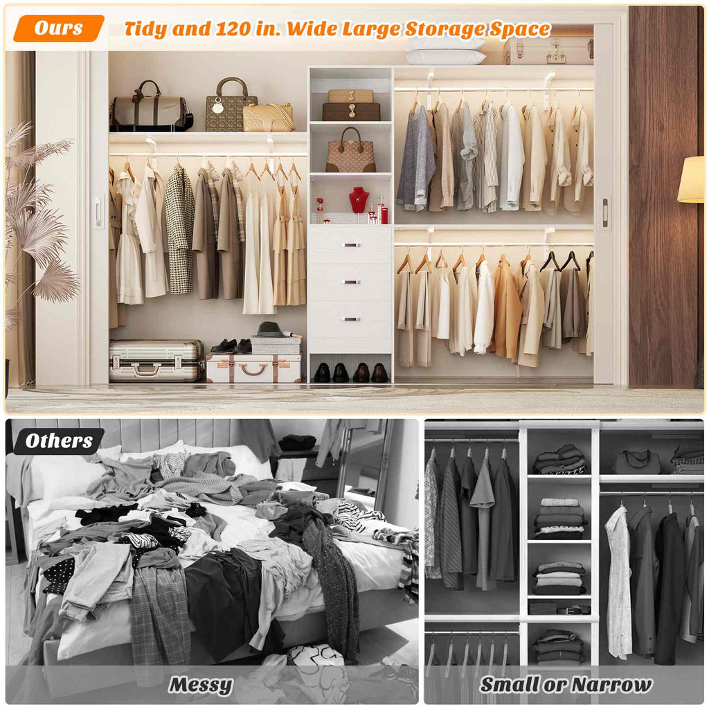 10FT Heavy Duty Closet System with 3 Wooden Drawers, 3 Shelving Towers and Expandable Rods
