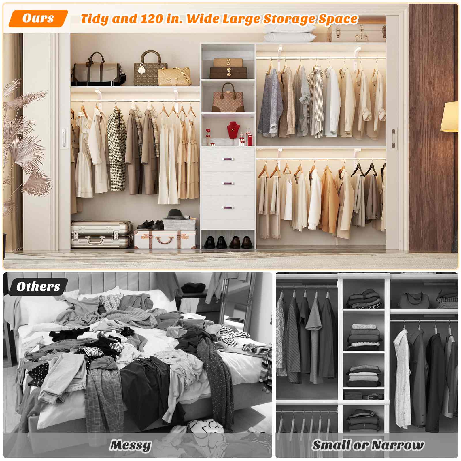 10FT Heavy Duty Closet System with 3 Wooden Drawers, 3 Shelving Towers and Expandable Rods