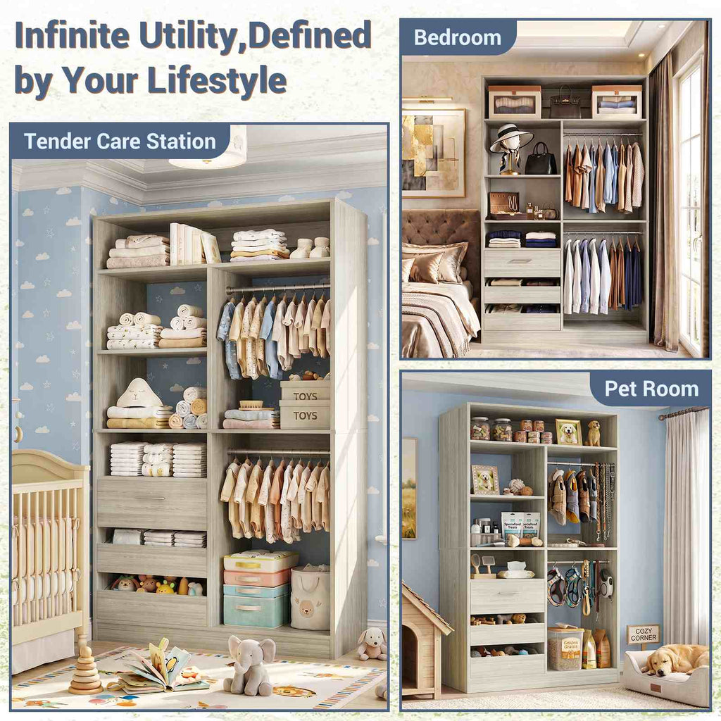 3FT Closet System with 6 Shelves, 2 Hanging Rod, Closed & 2 Half-Open Drawers
