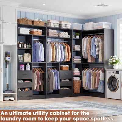 108" L-Shaped Closet System with 6 Drawers, 9FT Corner Closet System with 6 Hanging Rods & Corner Tower
