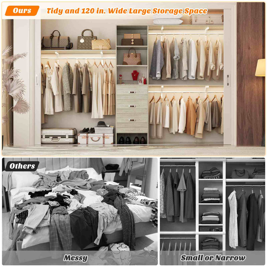10FT Heavy Duty Closet System with 3 Wooden Drawers, 3 Shelving Towers and Expandable Rods