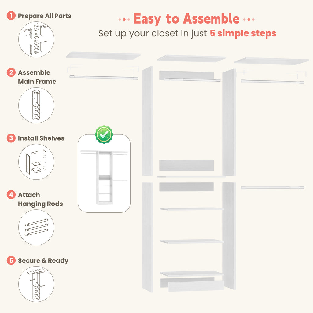48" Small Closet System, Space-Saving Wall-Mounted Wardrobe Organizer, with 3 Adjustable Hanging Rods & 4 Shelves