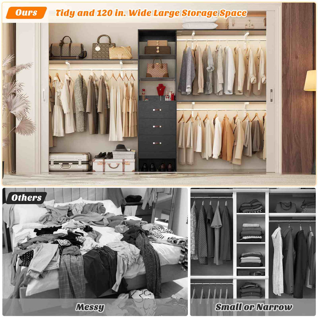 10FT Heavy Duty Closet System with 3 Wooden Drawers, 3 Shelving Towers and Expandable Rods