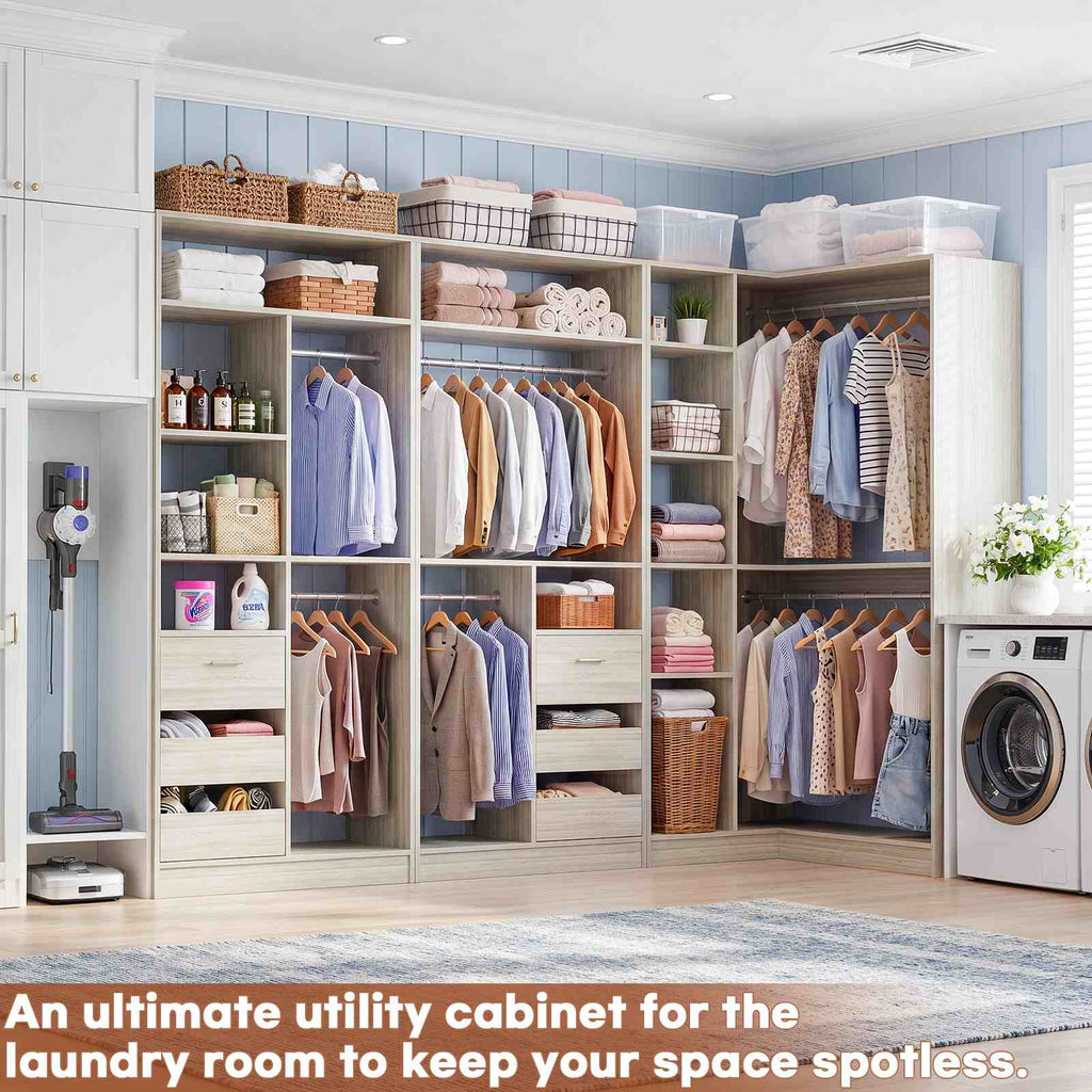 108" L-Shaped Closet System with 6 Drawers, 9FT Corner Closet System with 6 Hanging Rods & Corner Tower