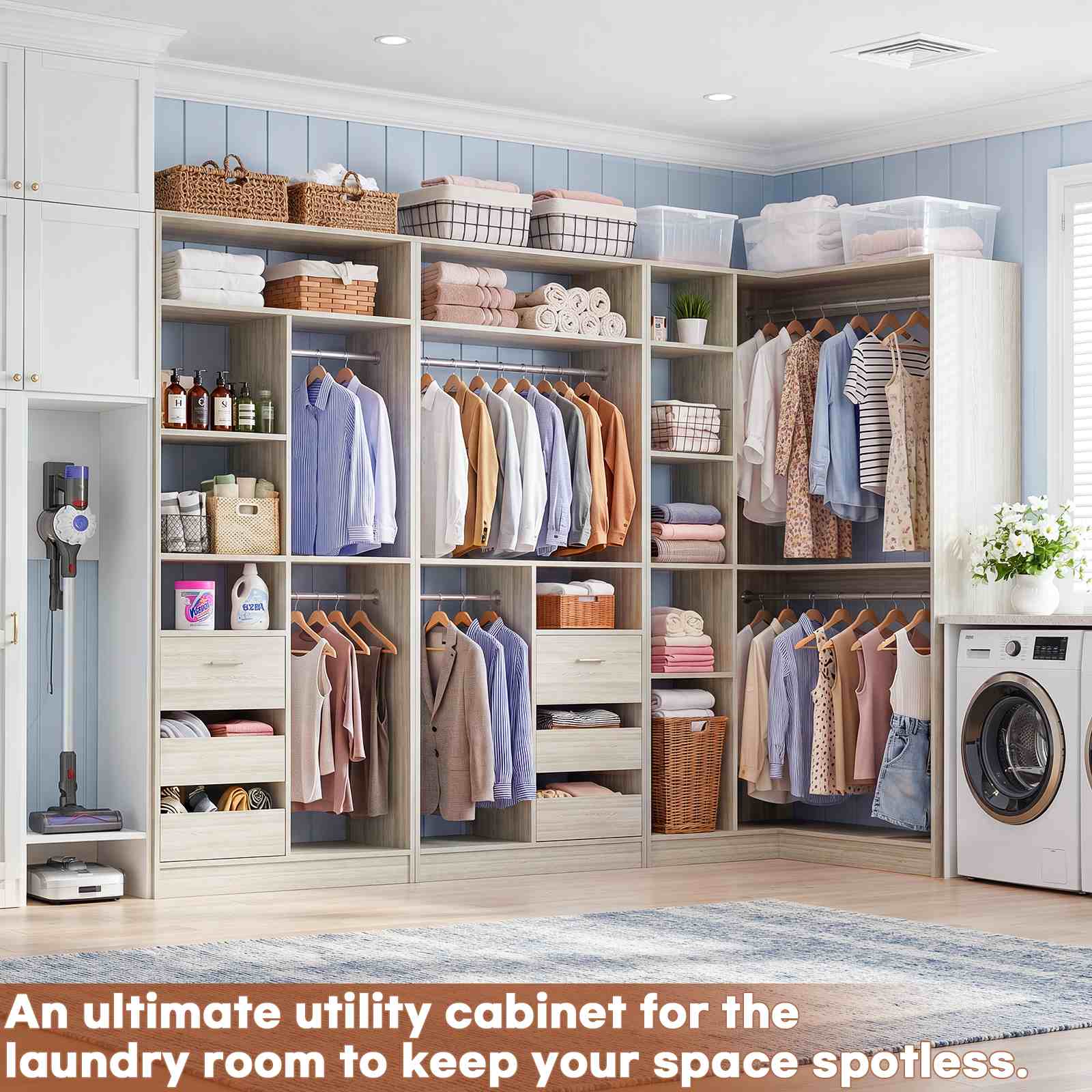 108" L-Shaped Closet System with 6 Drawers, 9FT Corner Closet System with 6 Hanging Rods & Corner Tower