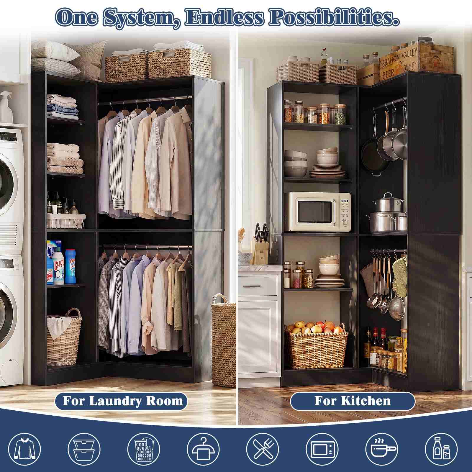 36'' Corner Closet System with 7 Shelves & 2 Hanging Rods, Load 800+LBS