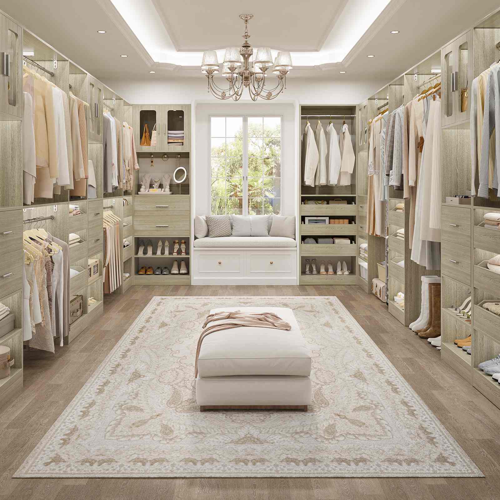 40''-120" Closet System Set 2 with 3 Half-Open Drawers, Shelving Towers, Hanging Rods and 2 Big Wing Shelves
