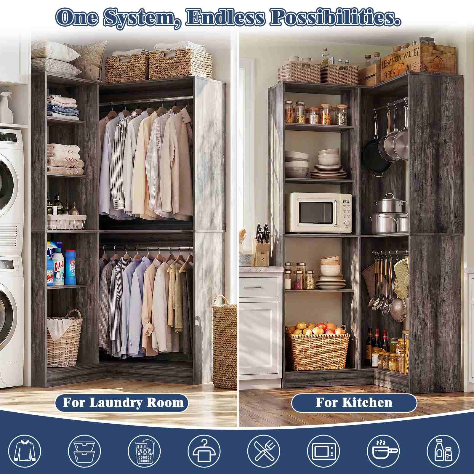 36'' Corner Closet System with 7 Shelves & 2 Hanging Rods, Load 800+LBS