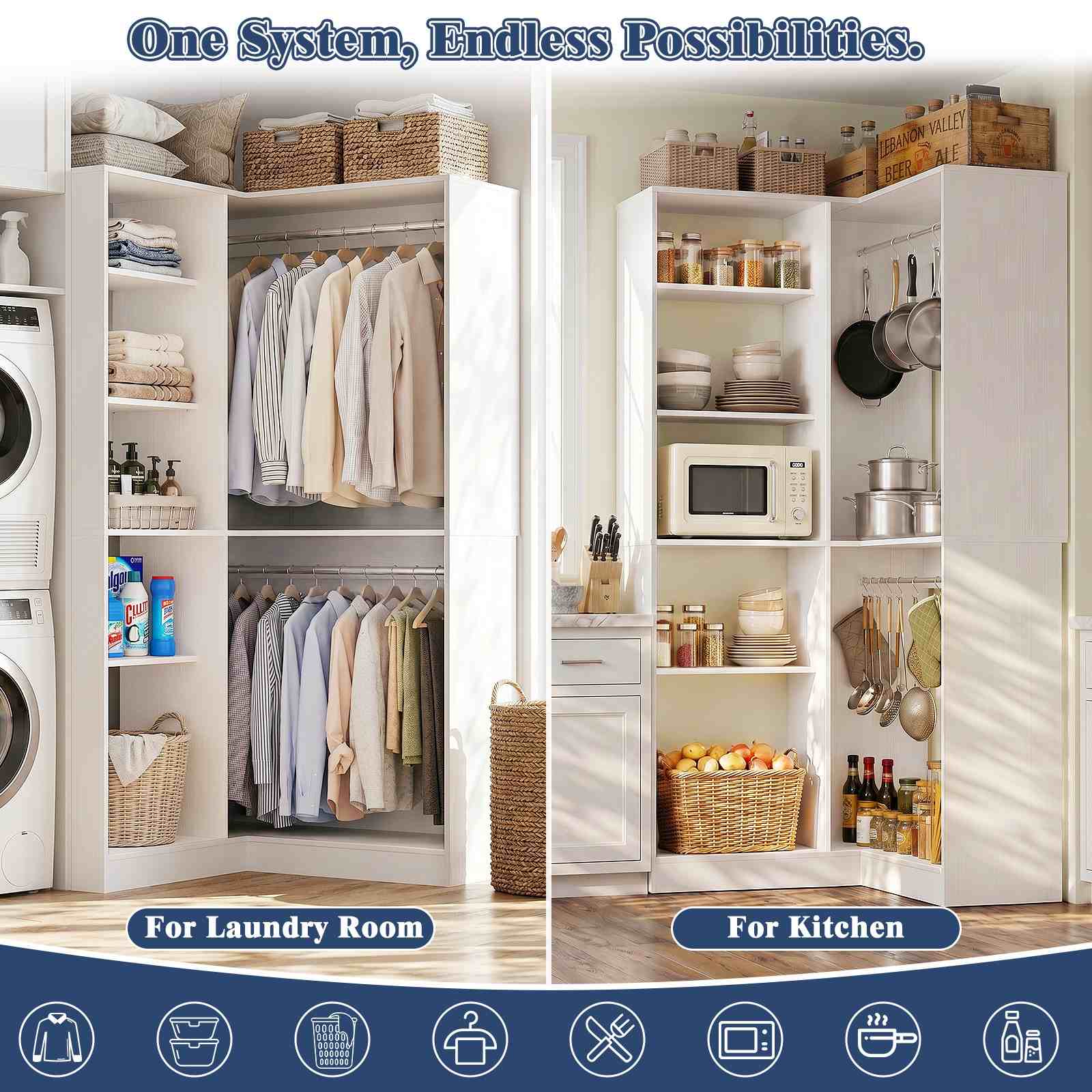 36'' Corner Closet System with 7 Shelves & 2 Hanging Rods, Load 800+LBS