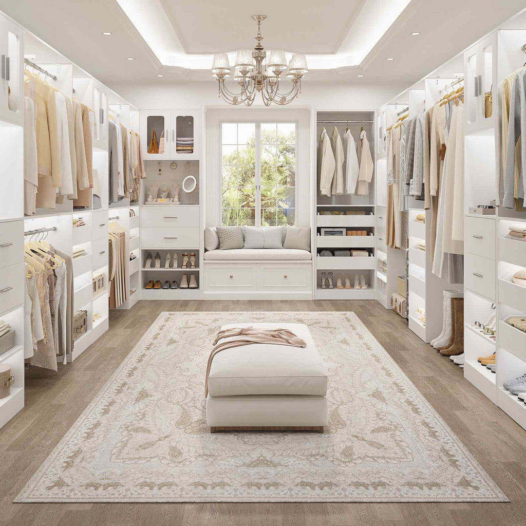 40''-120" Closet System Set 2 with 3 Half-Open Drawers, Shelving Towers, Hanging Rods and 2 Big Wing Shelves