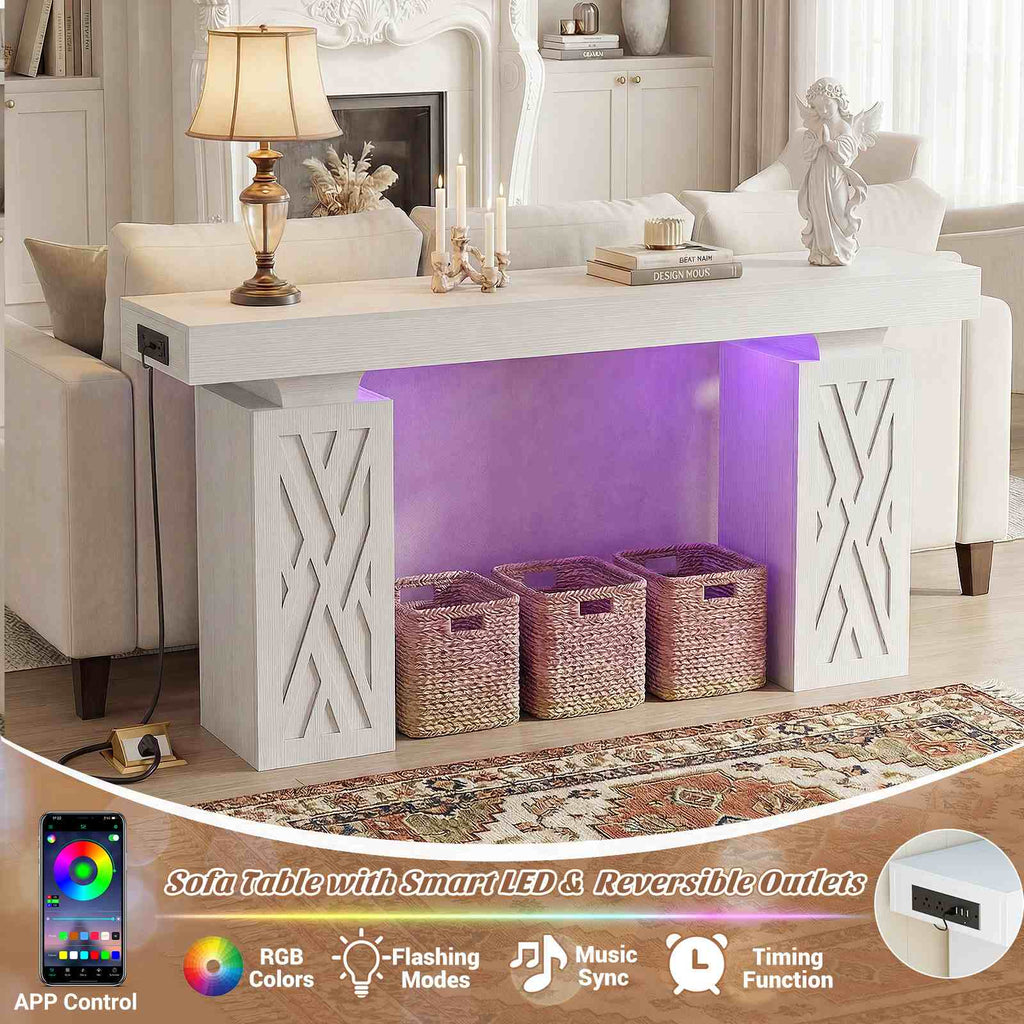 47.2'' Farmhouse Console Table with Charging Station and LED Lights