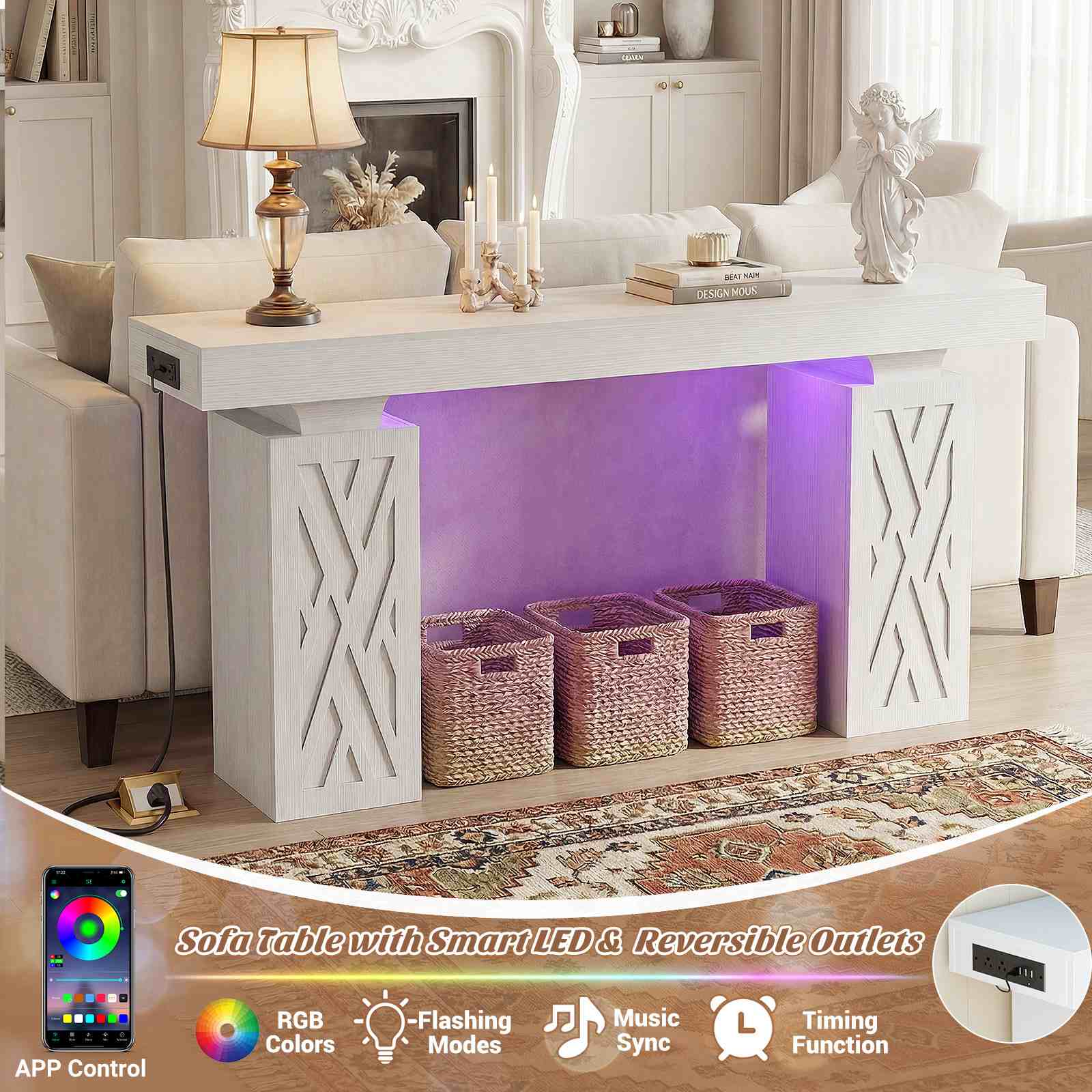 47.2'' Farmhouse Console Table with Charging Station and LED Lights