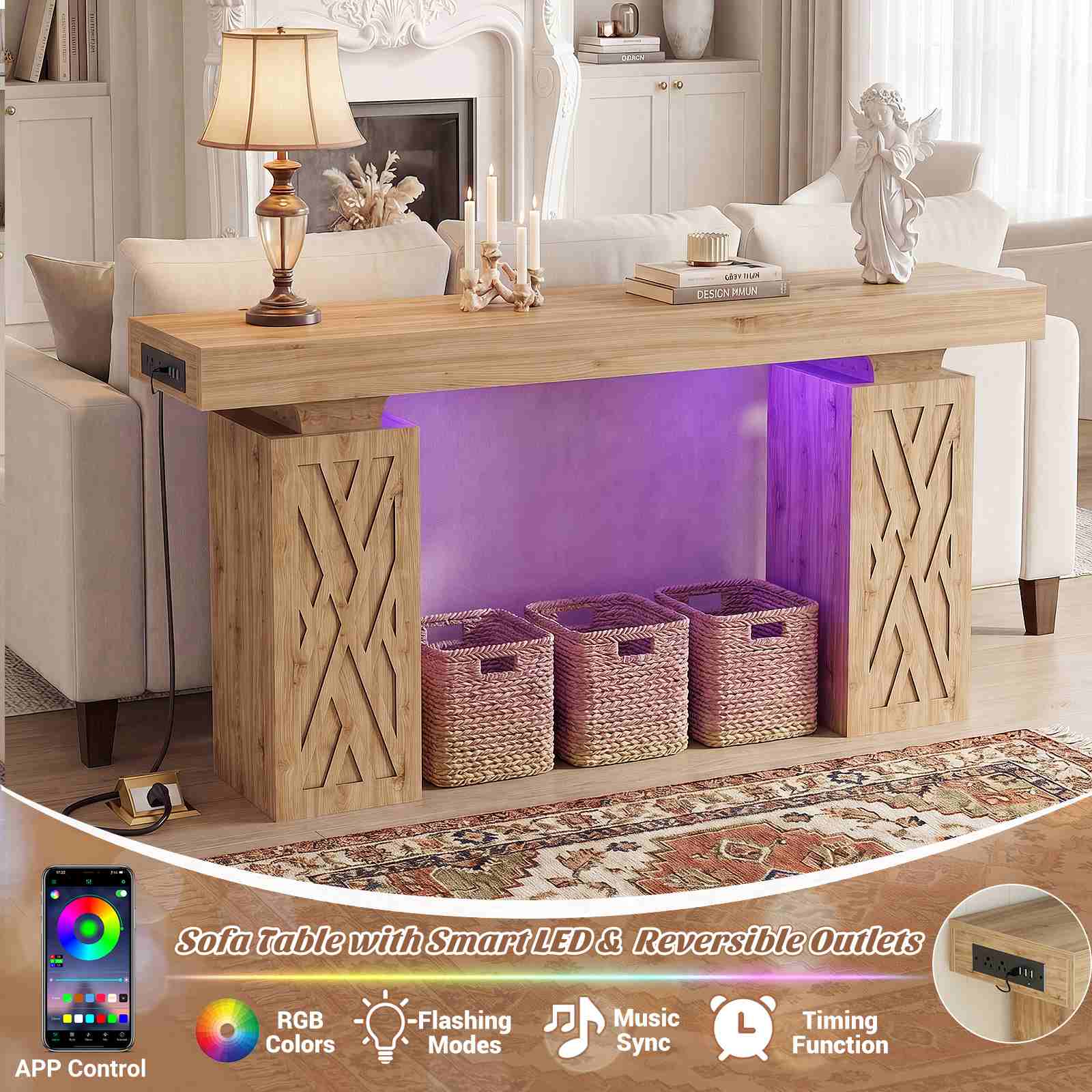 47.2'' Farmhouse Console Table with Charging Station and LED Lights