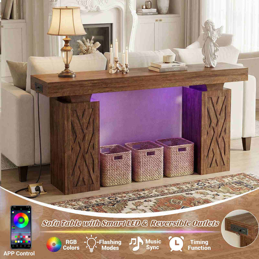 47.2'' Farmhouse Console Table with Charging Station and LED Lights