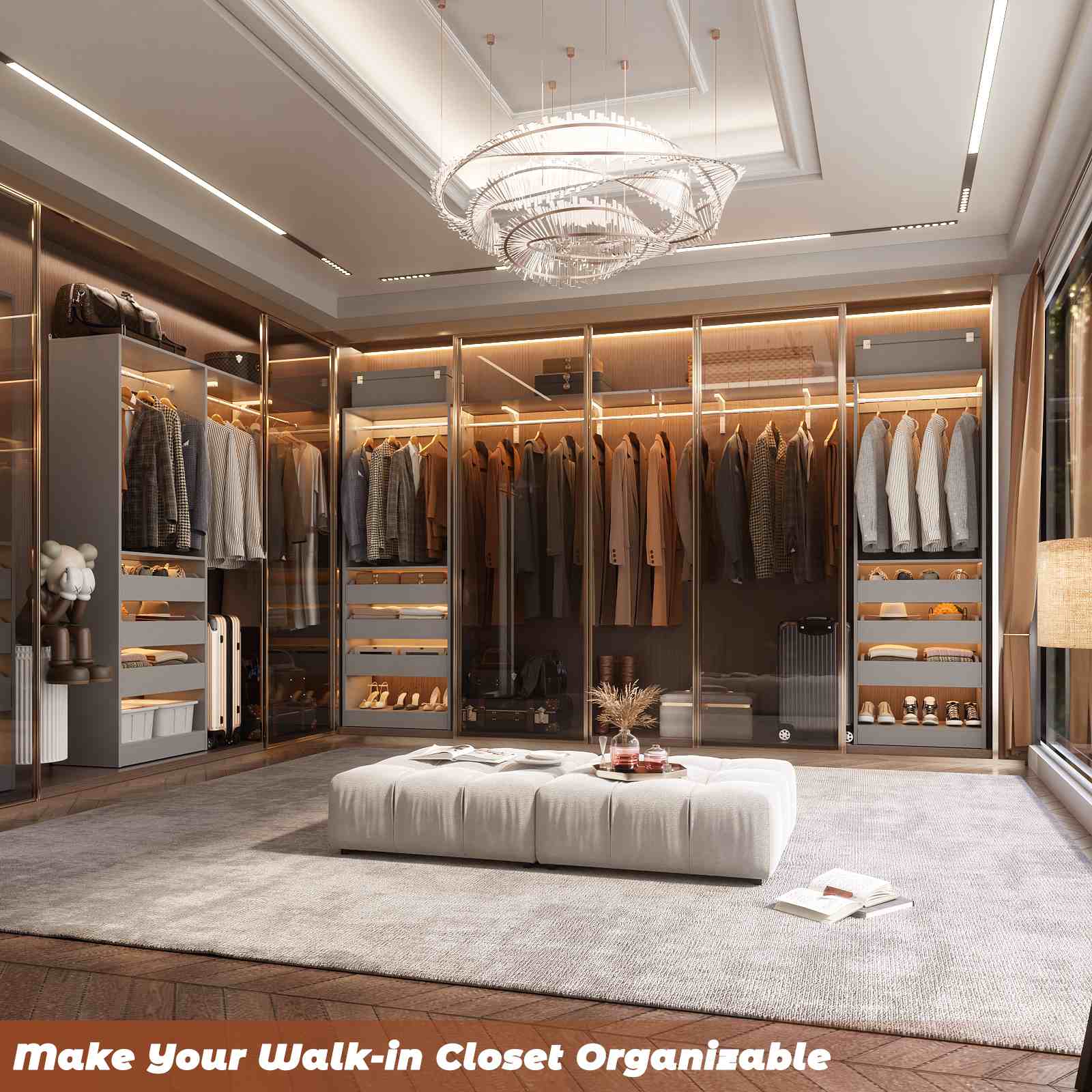 80" Tall x 60" Wide Closet System with 3 Half-Open Wooden Drawers,  2 Hanging Rods and Big Wing Shelf