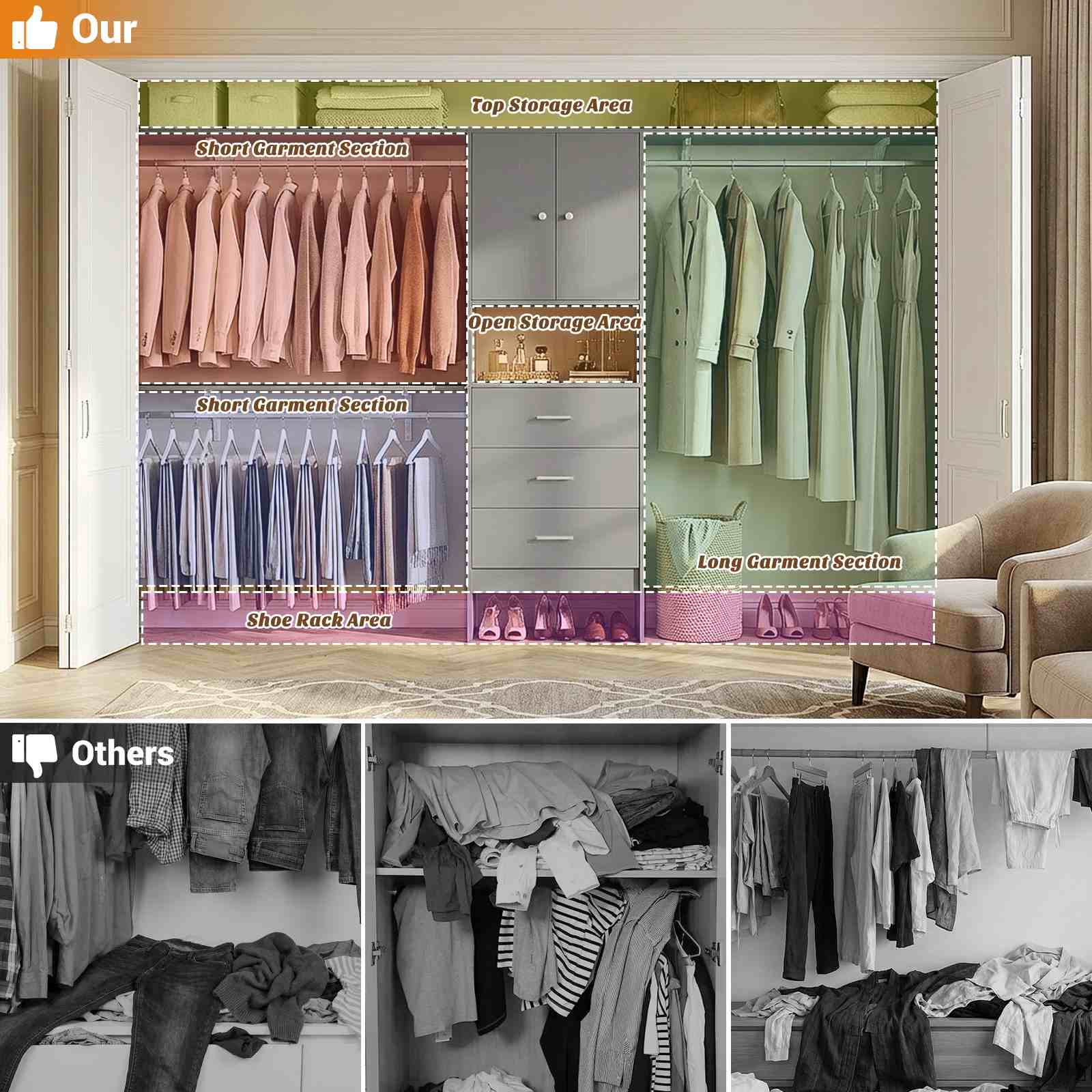 120" Heavy Duty Closet System with Cabinet Doors and 3 Wooden Drawers
