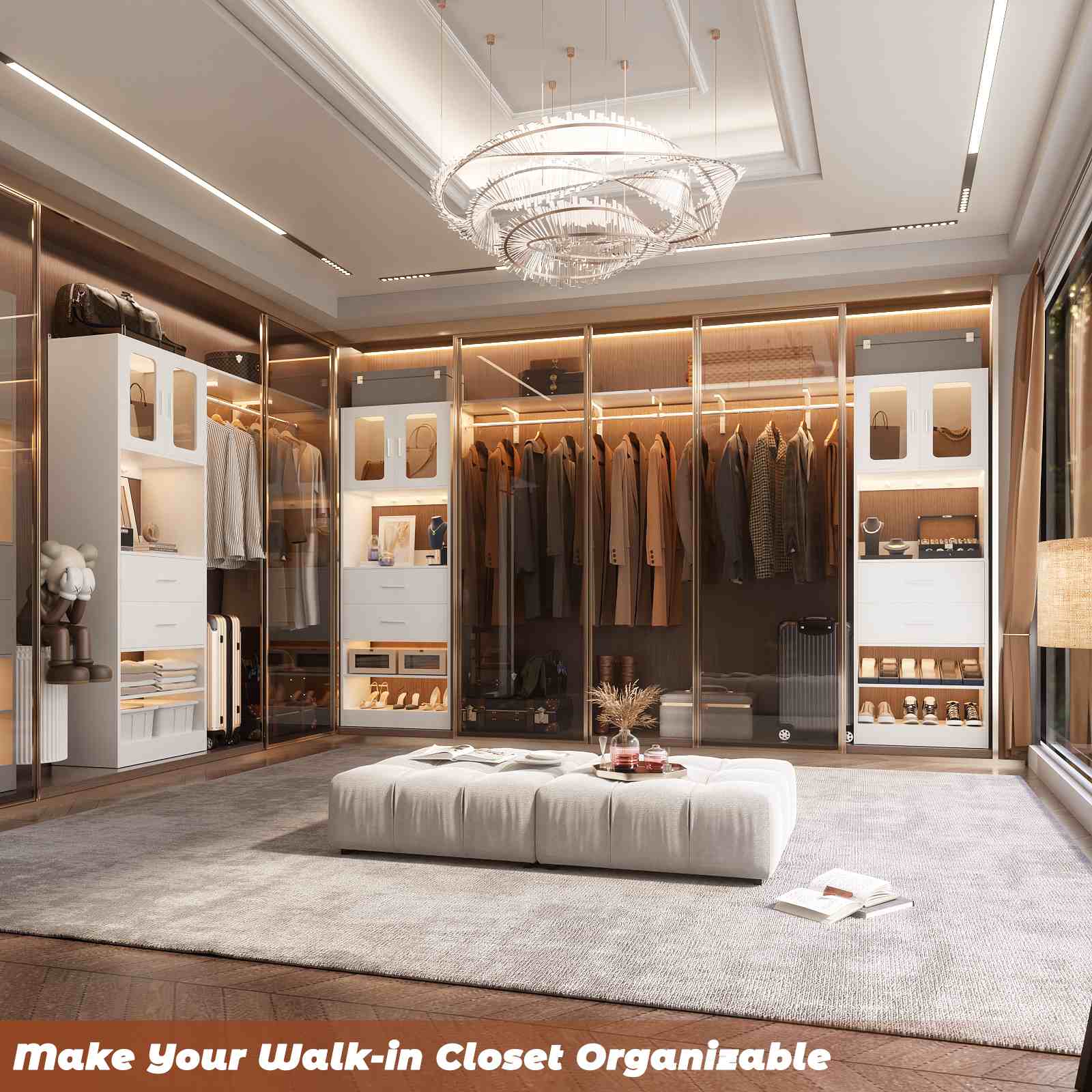 80" Tall x 60" Wide Closet System with Doors, Wooden Drawers, Big Wing Shelf and Hanging Rod