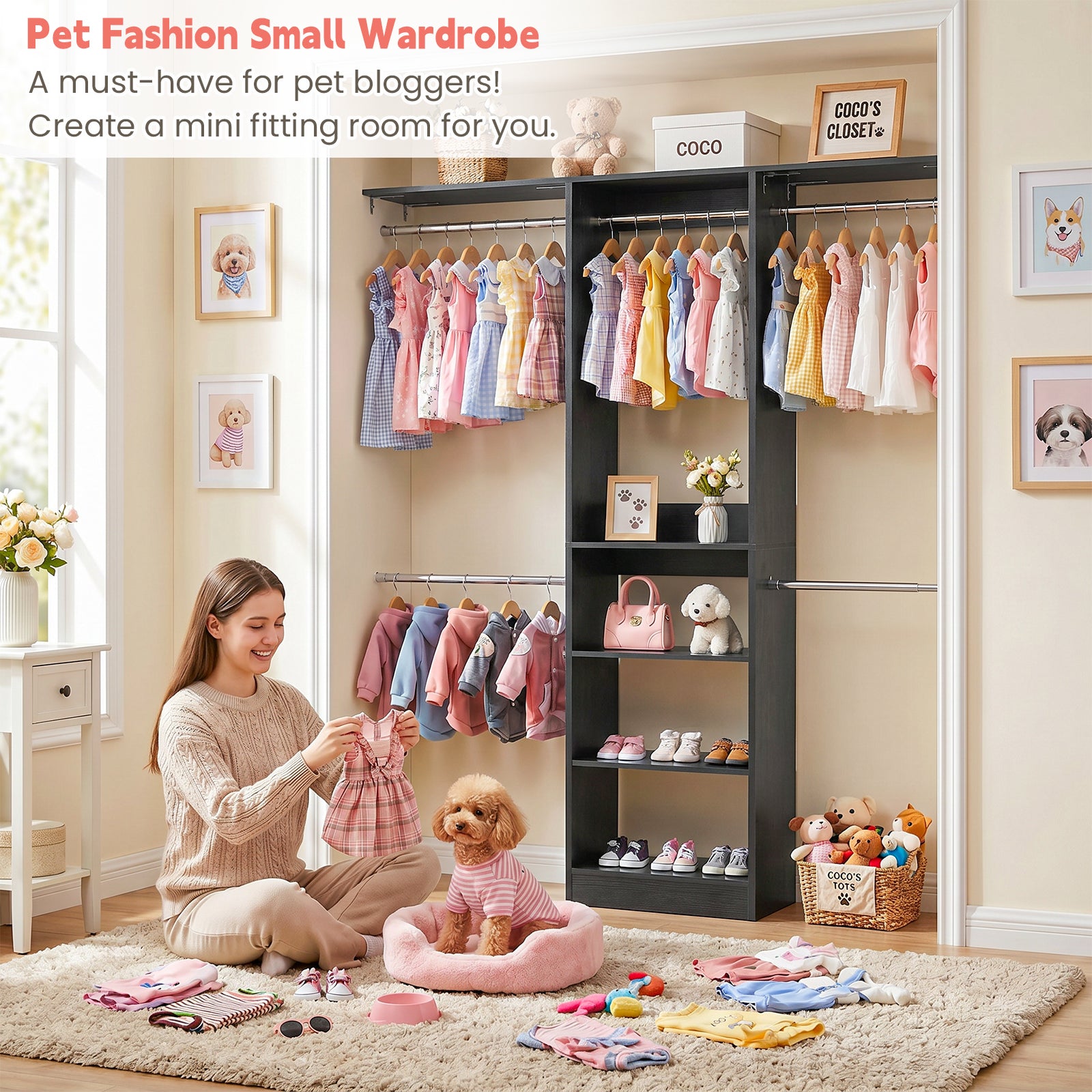 48" Small Closet System, Space-Saving Wall-Mounted Wardrobe Organizer, with 3 Adjustable Hanging Rods & 4 Shelves