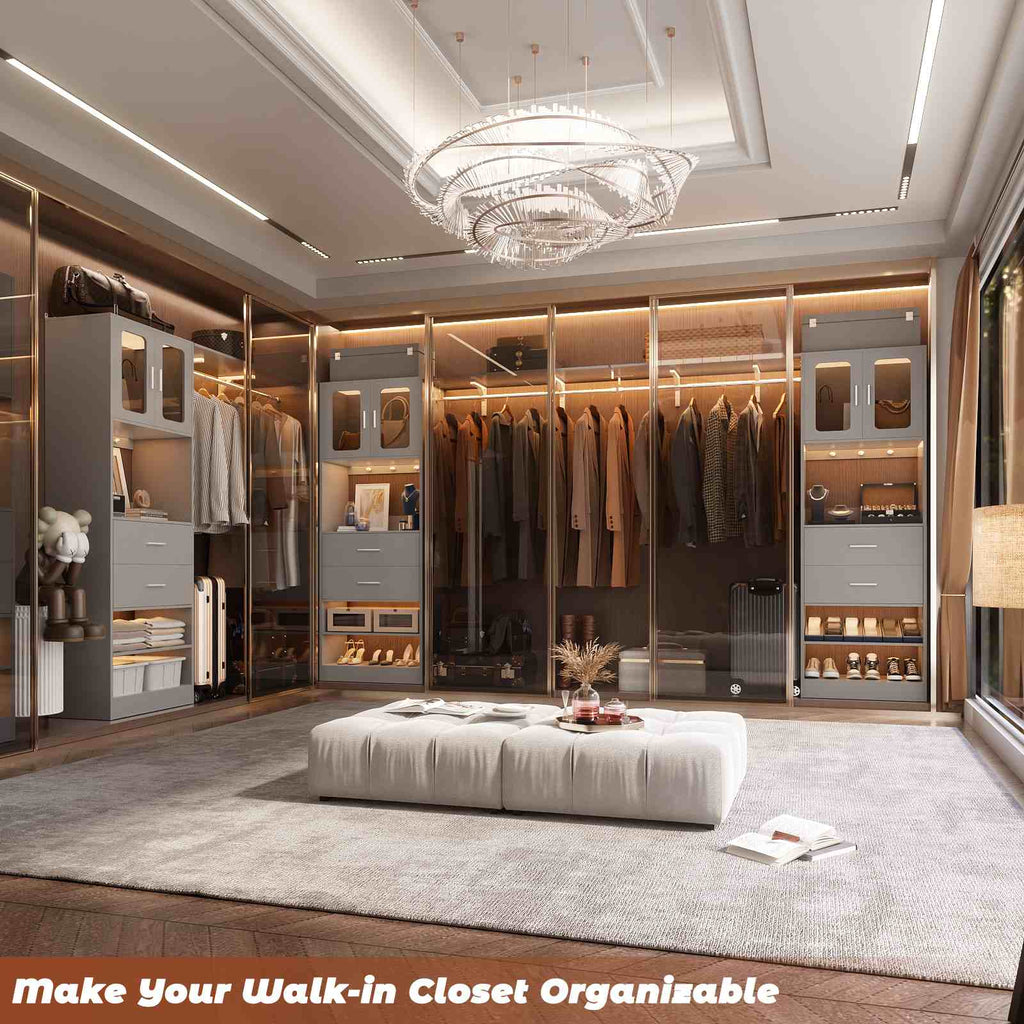 80" Tall x 60" Wide Closet System with Doors, Wooden Drawers, Big Wing Shelf and Hanging Rod