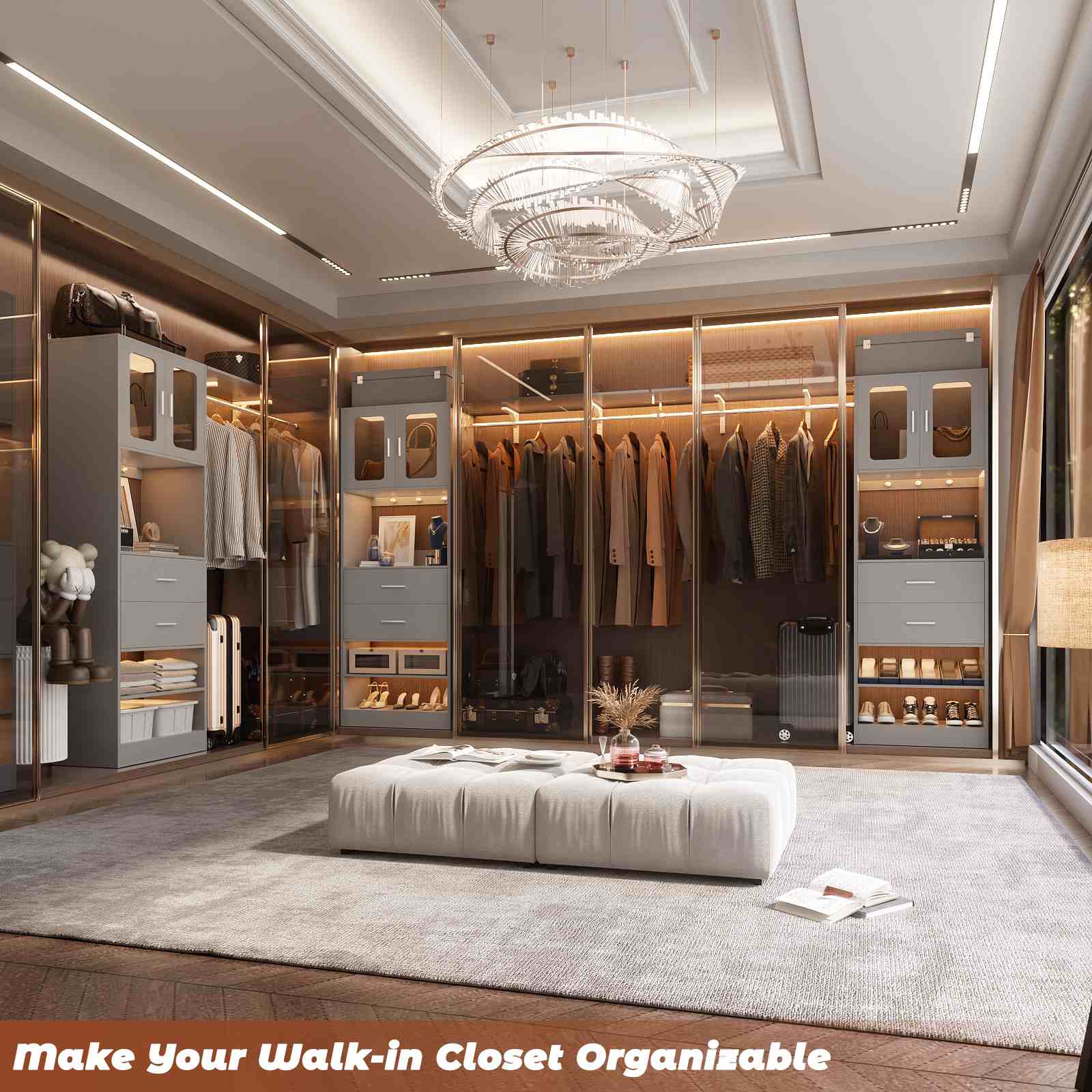 80" Tall x 60" Wide Closet System with Doors, Wooden Drawers, Big Wing Shelf and Hanging Rod