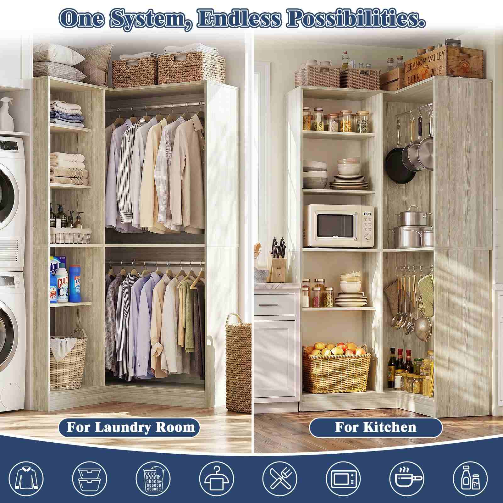 36'' Corner Closet System with 7 Shelves & 2 Hanging Rods, Load 800+LBS