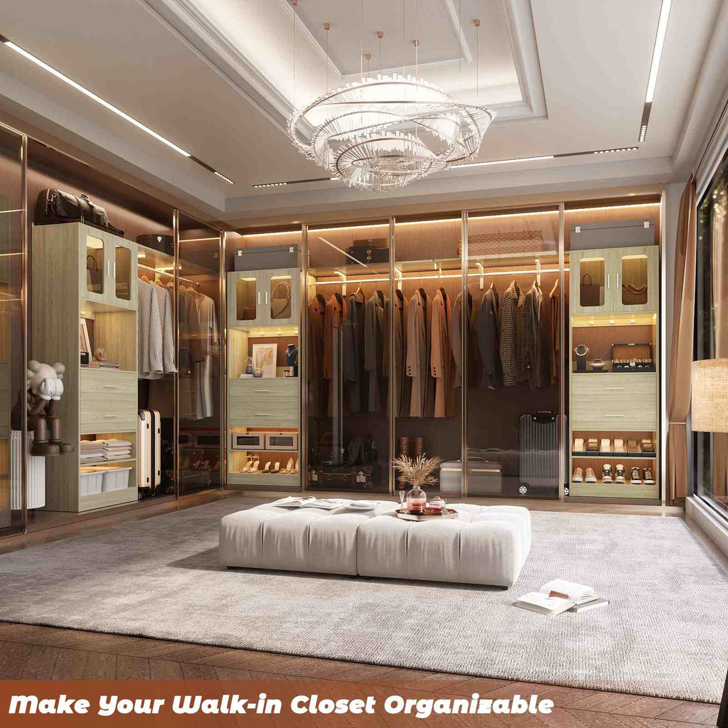 80" Tall x 60" Wide Closet System with Doors, Wooden Drawers, Big Wing Shelf and Hanging Rod