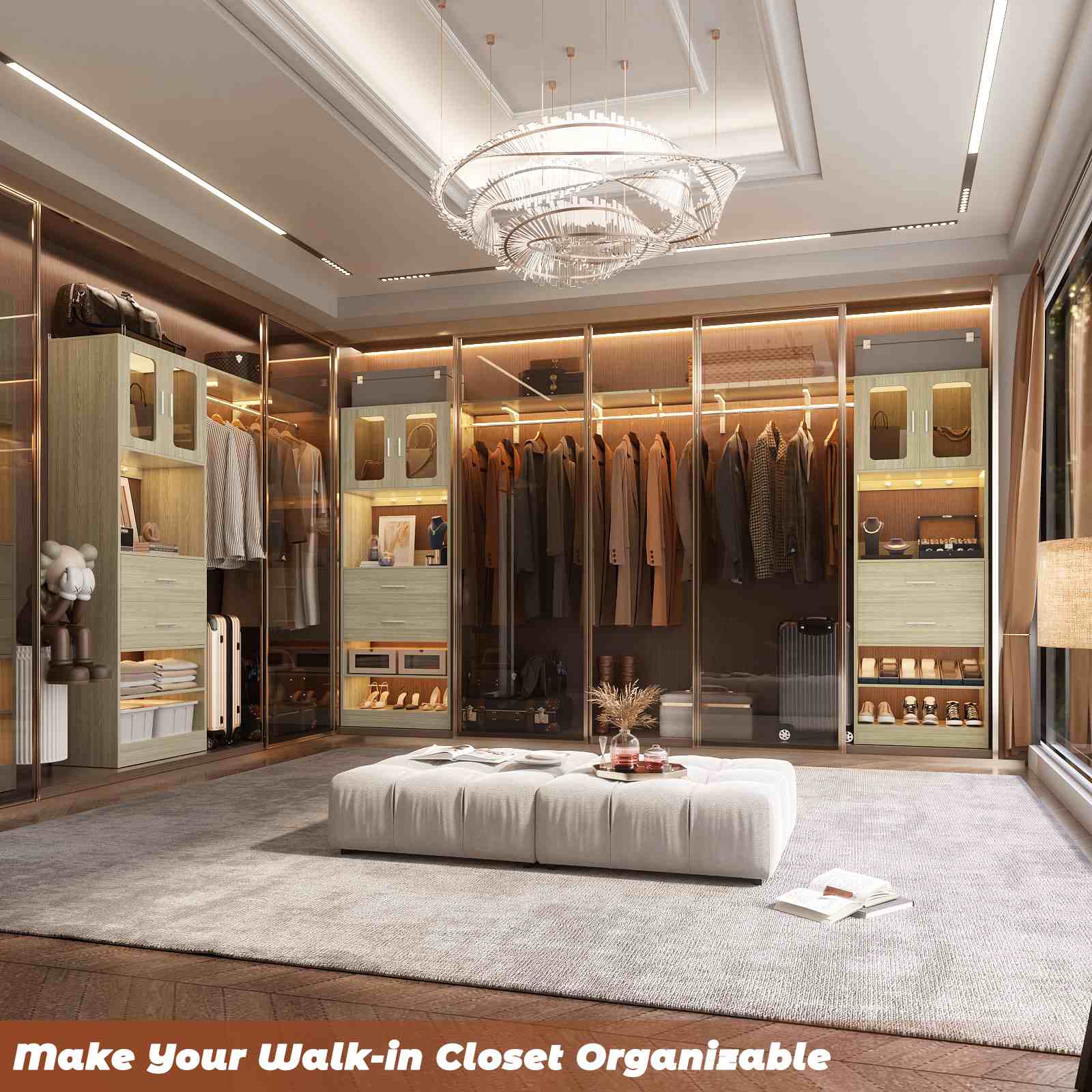 80" Tall x 60" Wide Closet System with Doors, Wooden Drawers, Big Wing Shelf and Hanging Rod