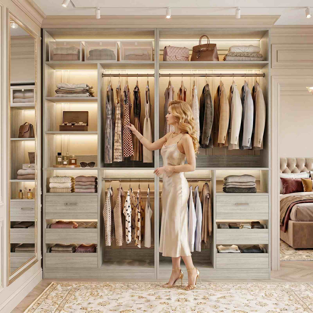 3FT Closet System with 6 Shelves, 2 Hanging Rod, Closed & 2 Half-Open Drawers